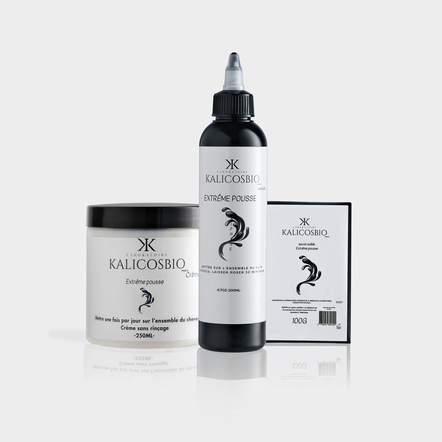 Photo de la gamme capillaire Extrême pousse de la marque Kalicosbio - trois produits de soin capillaire alignés representant une solution complète pour des cheveux en pleine croissance et en bonne santé